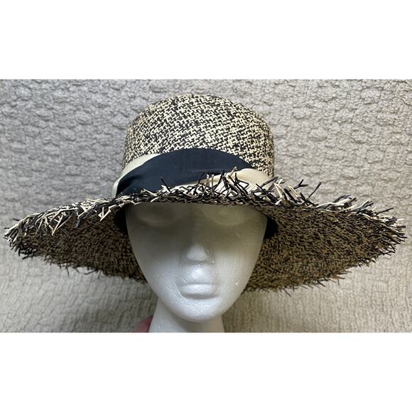 Brenda Lynn Black Beige Wide Brim Straw Hat OS Ribbon Trim Fringe main image 6